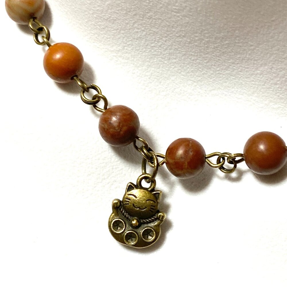 Earthy Polychrome Jasper Necklace, Cute Bronze Fortune Cat + Genuine Gemstone